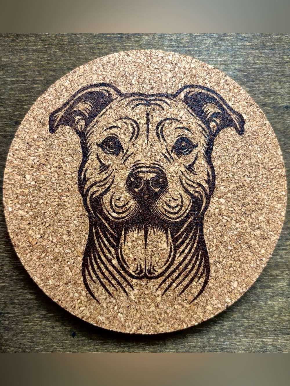 American Pit Bull Terrier Face Laser Engraved Cork Coaster
